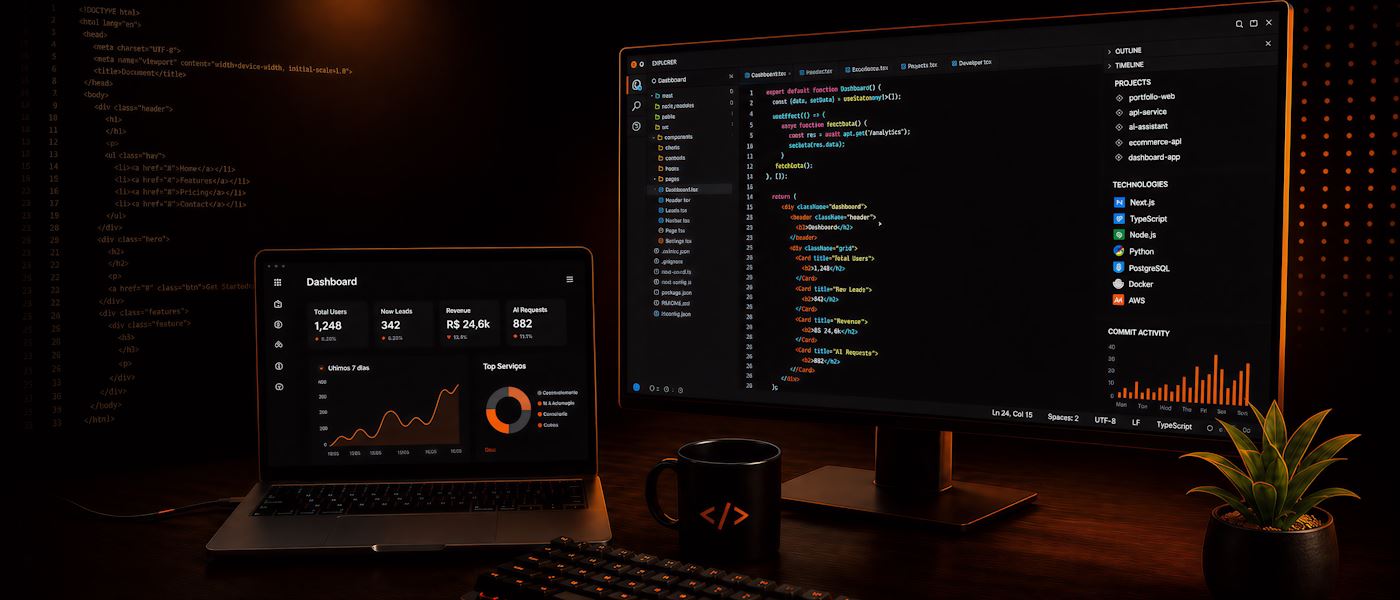 Zwei Bildschirme mit Code-Editor und einem Auswertungs-Dashboard